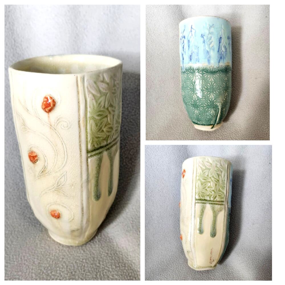 Katy McDougal Studio Pottery Vase Tumbler Artisan Handmade Drip Glaze